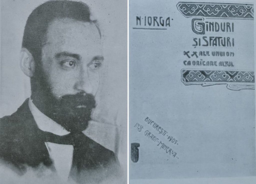 Nicolae Iorga, prin 1900; dreapta: Coperta primei ediții a volumului Cugetări