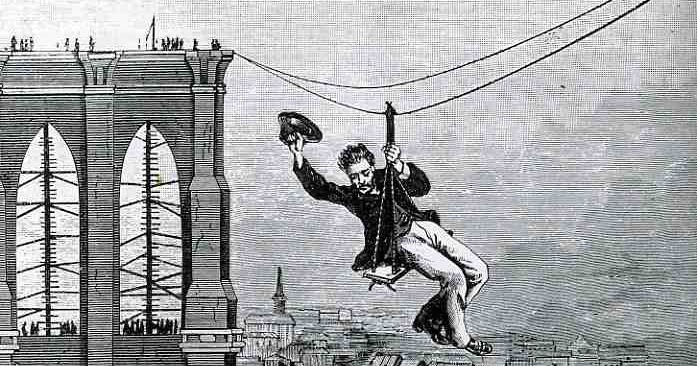 E.F. Farrington, omul care a traversat prima dată podul Brooklyn.. folosind ceea ce numim azi tiroliana | Sursa: Ephemeral New York