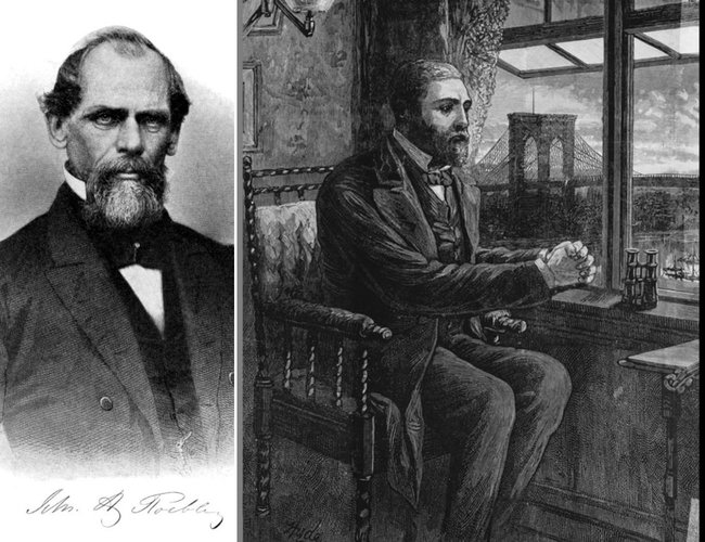 John Augustus Roebling, stânga; Washington Roebling, cu podul în fundal, privind lucrările de la fereastra apartamentului