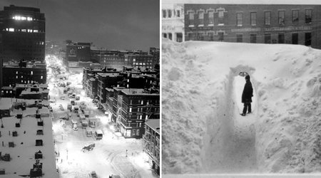 Stânga: O imagine surprinsă de fotograful american Andreas Feininger, în decembrie 1947, în New York, cu mașini abandonate, pentru câteva ore, exact în mijlocul bulevardului. | Sursa: Time ; Dreapta: Căderea masivă de zăpadă tot în New York, în anul 1888