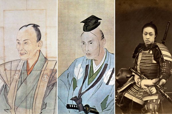De la stânga: Portretul neobișnuit al unui samurai care zâmbește, deoarece, se spunea, un samurai zâmbea de trei ori în viață: când se năștea, când se căsătorea, când i se năștea primul fiu. | Portretul samuraiului Takami Senseki. Ambele portrete au fost realizate în 1837 de Watanabe Kazan; Sursa: Frog in the Well: Portraits of Japan by Watanabe Kazan, 1793 – 1841|