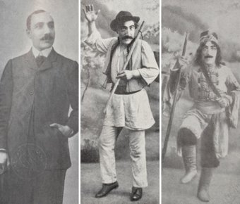 Stânga: Constantin Tănase, după ce a absolvit Conservatorul; imagini mijloc și dreapta: În diferite roluri