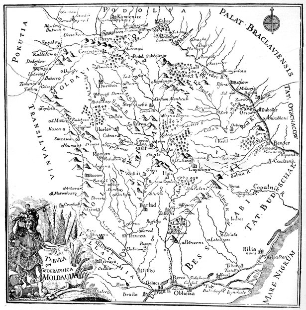 Hartă apărută în ediţia germană, 1769 - 1770. Nu este harta originală realizată de Dimitrie Cantemir, dar probabil că a fost inspirată de aceasta | Sursa: Wikisource