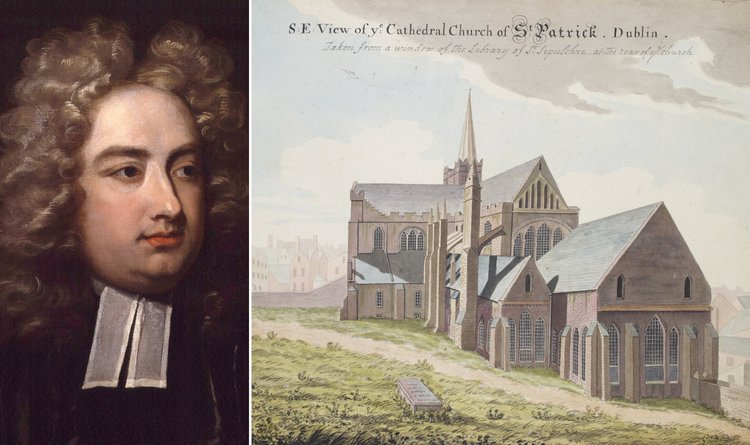 Jonathan Swift, portret de Charles Jervas; Domeniu public | Catedrala St. Patrick din Dublin, Irlanda, unde au fost înmormântați Esther Johnson și Jonathan Swift, pictură de Gabriel Berenger, 1958