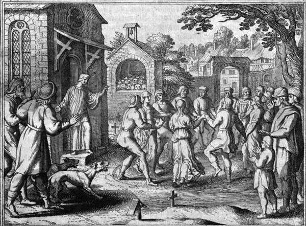 Gravură germană ce ilustrează dans isteric printre morminte, în secolul al XVII-lea | Sursa: Wikipedia, domeniu public