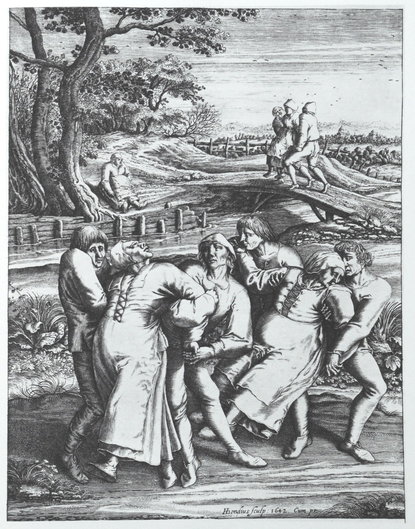 Mania dansului, gravură de Hendrik Hondius ce arată trei femei afectate. Lucrare realizată după un desen de Pieter Brueghel, care se presupune că a fost martorul unui alt focar izbucnit în 1564, în Molenbeek | Sursa: Wikipedia, domeniu public