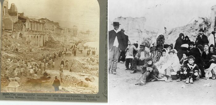 Cutremurul din Messina, portul, după dezastru, 1908 (stânga); Supraviețuitori ai dezastrului de la Messina, imagine din 1909 | Sursa: Wikipedia, domeniu public