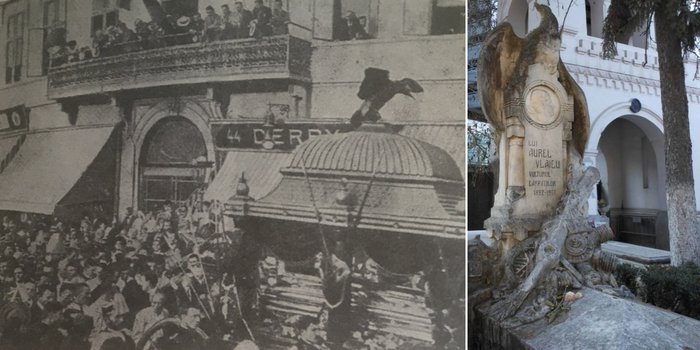 Stânga: La înmormântarea lui Aurel Vlaicu, imagine din presa vremii | Dreapta: Monumentul funerar din cimitirul Bellu militar, sursa: moartea celebrităților