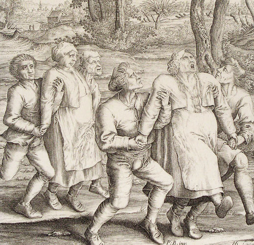 Gravură din 1642 de Hendrik Hondius, după un desen de Peter Breughel ce arată dansul maniac din Molenbeek, din anul 1564 | Sursa: Wikipedia, domeniu public