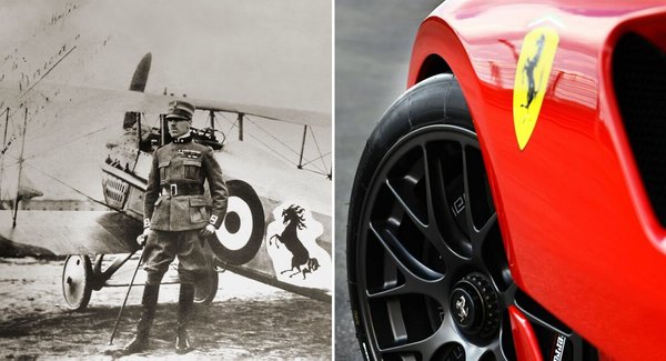 Stânga: Francesco Barraca, în fața avionului său militar pe care este imaginea unui cal negru cabrat, folosit ulterior ca logo la automobilele Ferrari