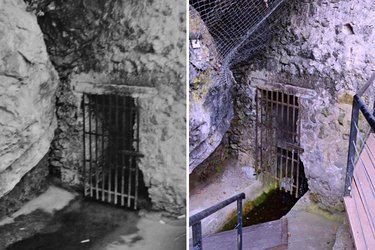 Locul pe unde s-a făcut transportul casetelor de la pivniță în grotă | Imagine de arhivă (stânga); Imaginea de azi – Credit foto: Mira Kaliani