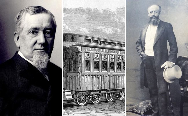 De la stânga: George Pullman, Sursa foto: Alchetron | Vagon de dormit Pullman, Sursa: American Science and Invention | Georges Nagelmackers, Sursa foto: Wikipedia, domeniu public
