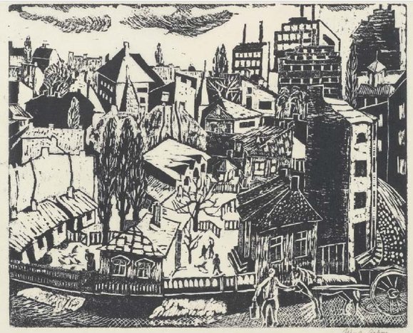 Oraş, 1934, xilogravură | Nina Arbore | Colecţia Bibliotecii Academiei României