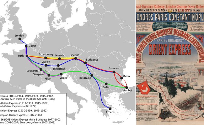 De la stânga: Harta rutelor istorice, Sursa: Wikipedia, domeniu public | Poster de promovare a rutei Orient Express, 1888, Sursa: Wikipedia, domeniu public