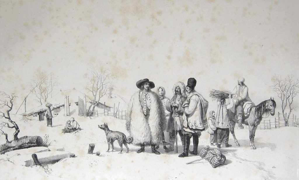 Oameni în port specific din Țara Românească, în timp de iarnă | Desen de Michel Bouquet, 1841 | Sursa: Biblioteca Judeţeană „V.A. Urechia” Galaţi via Wikipedia, domeniu public
