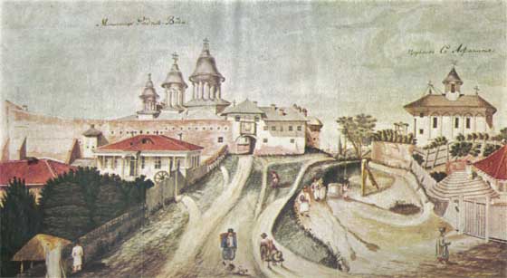 Mahalaua Radu Vodă, 1830, acuarelă, autor necunoscut | Sursa: Wikipedia, domeniu public