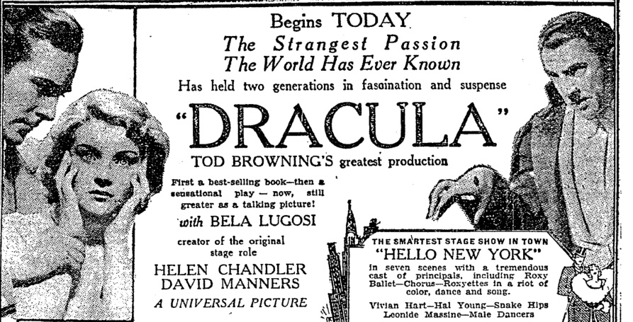 Poster la premiera Dracula, Universal Studios, 1931| Sursa: The Bela Lugosi Blog