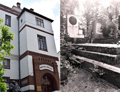 Institutul de Speologie din Cluj-Napoca și statuia lui Emil Racoviță; Mormântul lui Emil Racoviță din cimitirul Hajongard | Credit foto: Mira Kaliani
