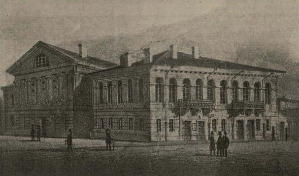 Teatrul Naţional din Copou, inaugurat pe 22 decembrie 1846, a fost mistuit de foc în noaptea dintre 17 – 18 februarie 1888 | Litografie de epocă, Iaşi, 1846 | Sursa: Wikipedia, domeniu public
