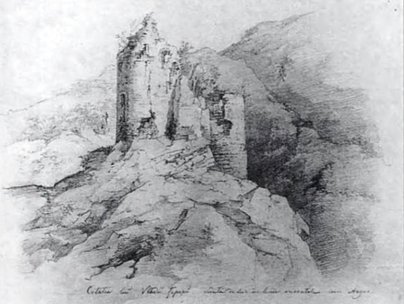 O schiță din secolul al XIX-lea al Castelului Dracula, înainte de a fi distrus în mare parte de cutremure | Sursa: In Search of Dracula: The History of Dracula and Vampires, de Radu Florescu și Raymond T. McNally