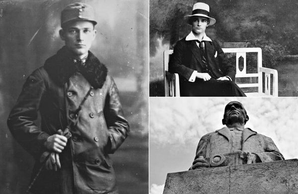 Stânga: Samoilă Mârza, soldat, în timpul Primului Război Mondial; Dreapta sus: La costum, așa cum se îmbraca de obicei; Jos: Statuia lui Samoilă Mârza din Galtiu, județul Alba | Primele două poze au fost făcute după cele publicate în cărțile lui Aurel Sîntimbrean dedicate fotografului; Foto: Mira Kaliani