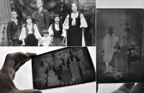 Stânga sus: Băiatul cel mic, din stânga, este Silviu, ultimul copil al lui Onu și tatăl lui Radu Mârza; Celelalte două imagini sunt clișee pe sticlă, păstrate de Radu Mârza | Fotografii: Samoilă Mârza