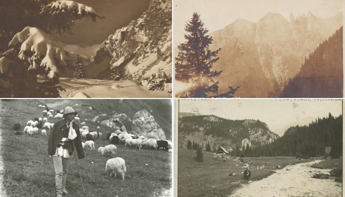 Sus: Iarna în Bucegi; Sursa foto: Atelier Photo Presse/Fotograf M.G. Vesa/Al. Bădăuţă, Images Roumaines, 1932/ MNIR/Imago Romaniae | Colții Morarului; Sursa foto: Fotblitz Zărnești/MNIR/Images RoumainesJos: Cioban în Bucegi, 1925; Sursa foto: MNIR/Imago Romaniae | Munții Bucegi, Colții Morarului, 1930; Sursa foto: Atelier Fotblitz Zărnești/MNIR/Imago Romaniae | Munții Bucegi, Fereastra Călugărului, 1930; Sursa foto: MNIR/Imago Romaniae