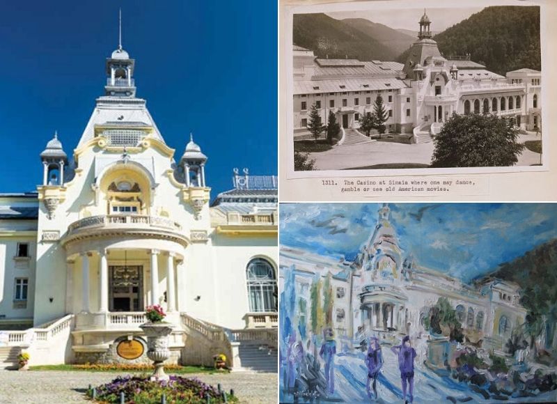 Stânga: Cazinoul din Sinaia; Sursa: Casino Sinaia | Dreapta sus: Cazinoul; Sursa: Vechiul Regat | Dreapta jos: Pictură a artistului arh. Dan Gelelețu; Sursa: Casino Sinaia