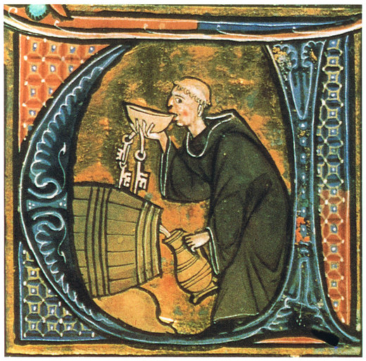Un chelar care bea vin din butoi. Ilustrație dintr-un manuscris medieval francez, secolul al XIII-lea | Wikipedia Commons
