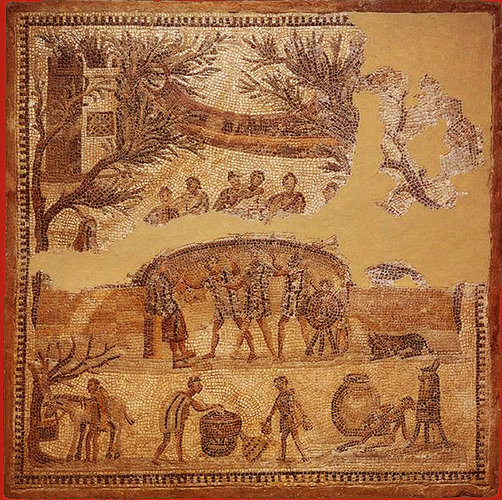 Banchet în aer liber, fragment de mozaic din secolul al IV-lea