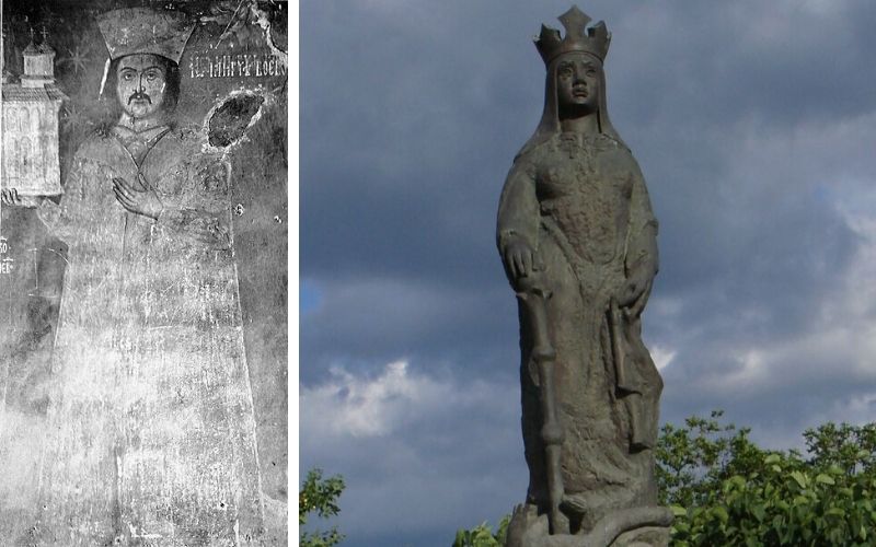 Mircea Ciobanul, frescă de la mănăstirea Snagov; Sursă imagine: Wikipedia, domeniu public | Statuia Doamnei Chiajna din satul Chiajna, județul Ilfov, o lucrare a sculptorului Nicolae Popa; Foto: Cristian-Mihail Miehs / Wikipedia
