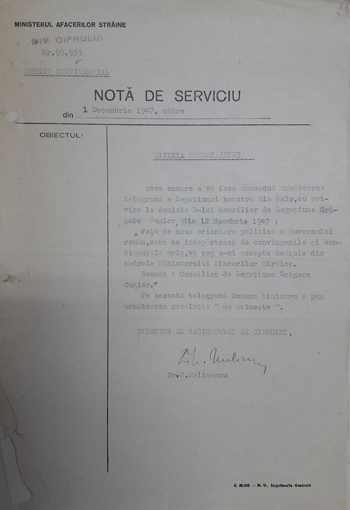 Notă de serviciu consemnând demisia lui Grigore Cugler din 12 noiembrie 1947