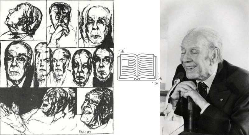 JorgeLuisBorges stânga: Jorge Luis Borges, ilustrații de Roberto Páez din volumul Twenty-four Conversations with Borges de Roberto Alifano, 1984 | dreapta: Jorge Luis Borges, fotografie din volumul Sognare e scrivere