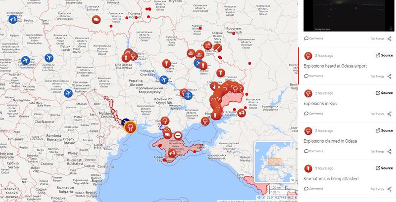 Harta - atacurile rusesti in Ucraina - 24 februarie Foto: Livemapua.com